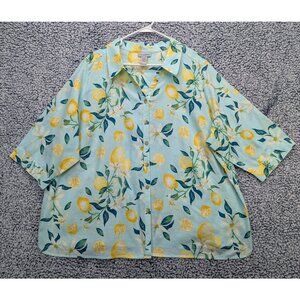 Catherines Lemon Linen Top Size 2XWP Floral Travel Vacation Beachy Plus Blue